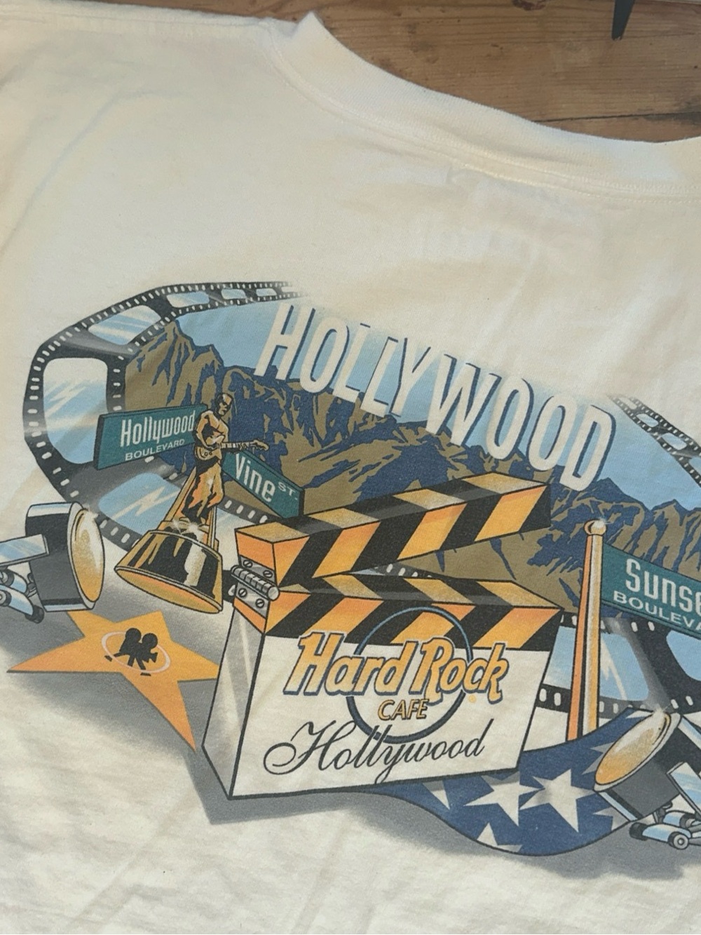 Vintage 90s Hard Rock Cafe White Tee with Blue & Yellow Hollywood Print
